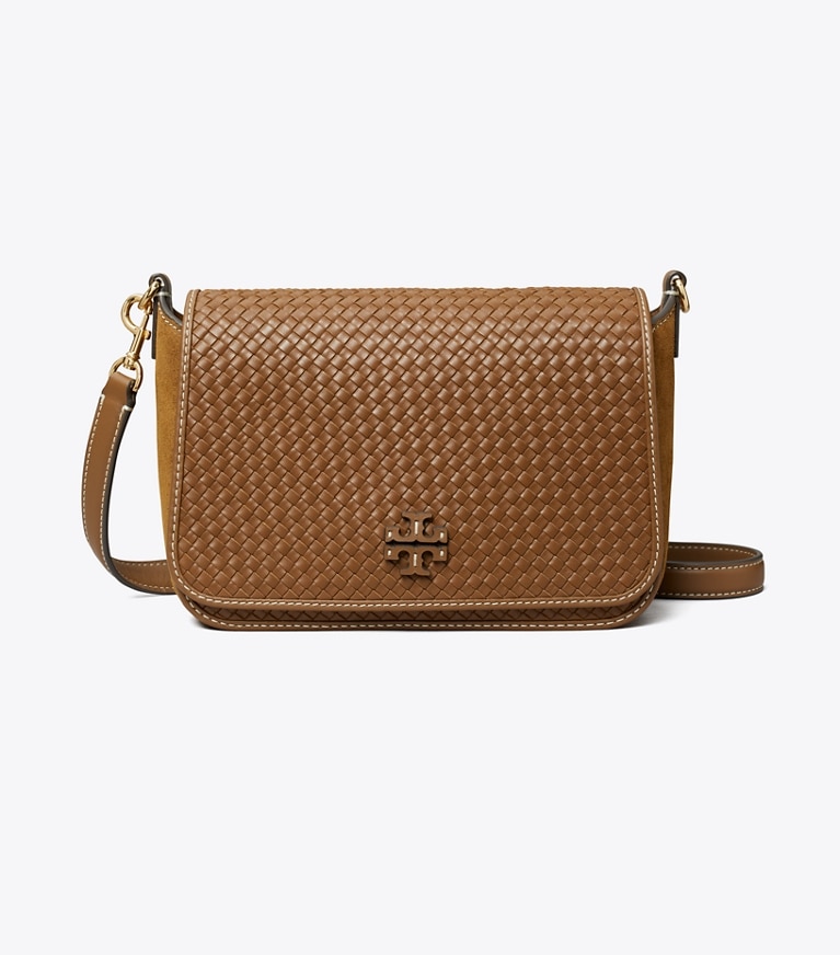 Tory Burch designer crossbody bags Leather Woven Flap Crossbody in Mahoni angle