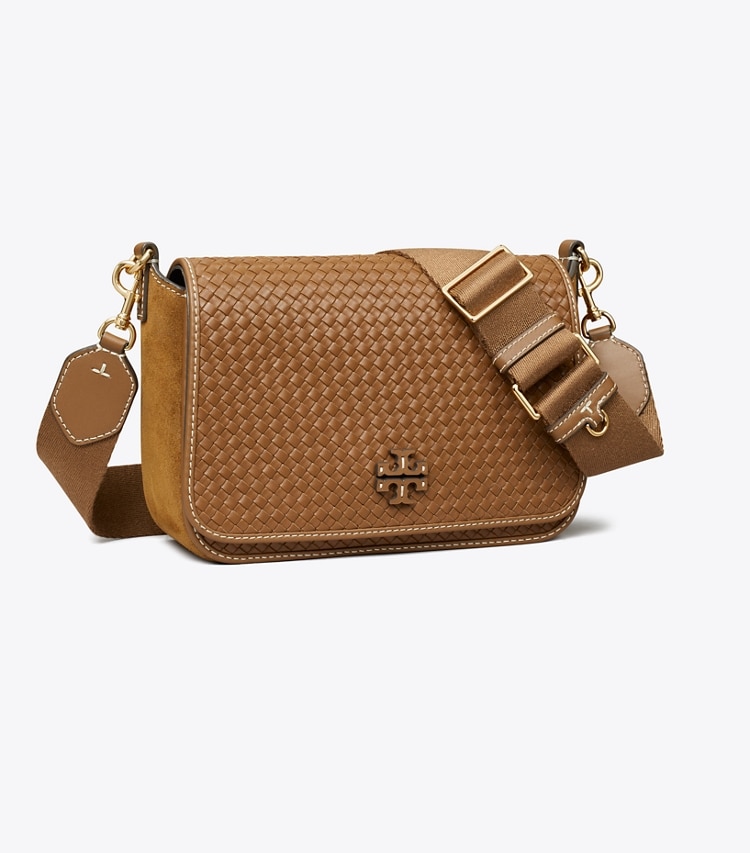 Tory Burch designer crossbody bags Leather Woven Flap Crossbody in Mahoni angle