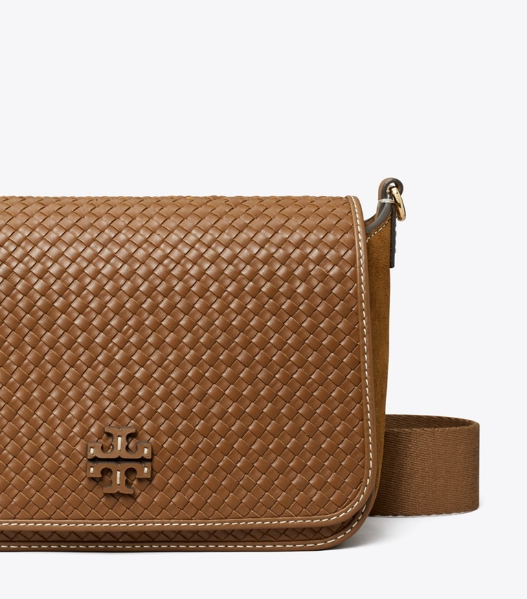 Tory Burch designer crossbody bags Leather Woven Flap Crossbody in Mahoni angle