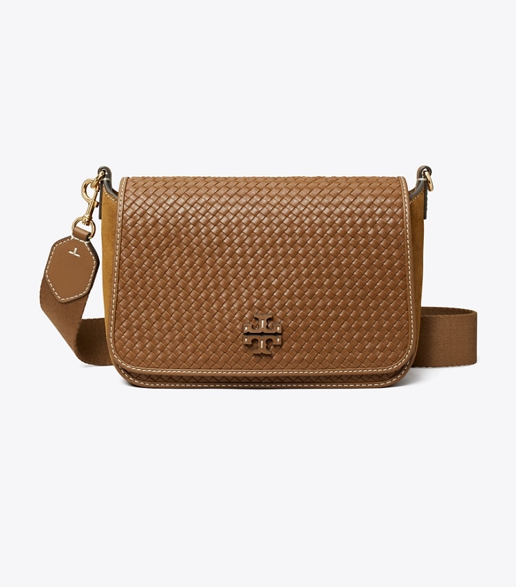Tory Burch designer crossbody bags Leather Woven Flap Crossbody in Mahoni front
