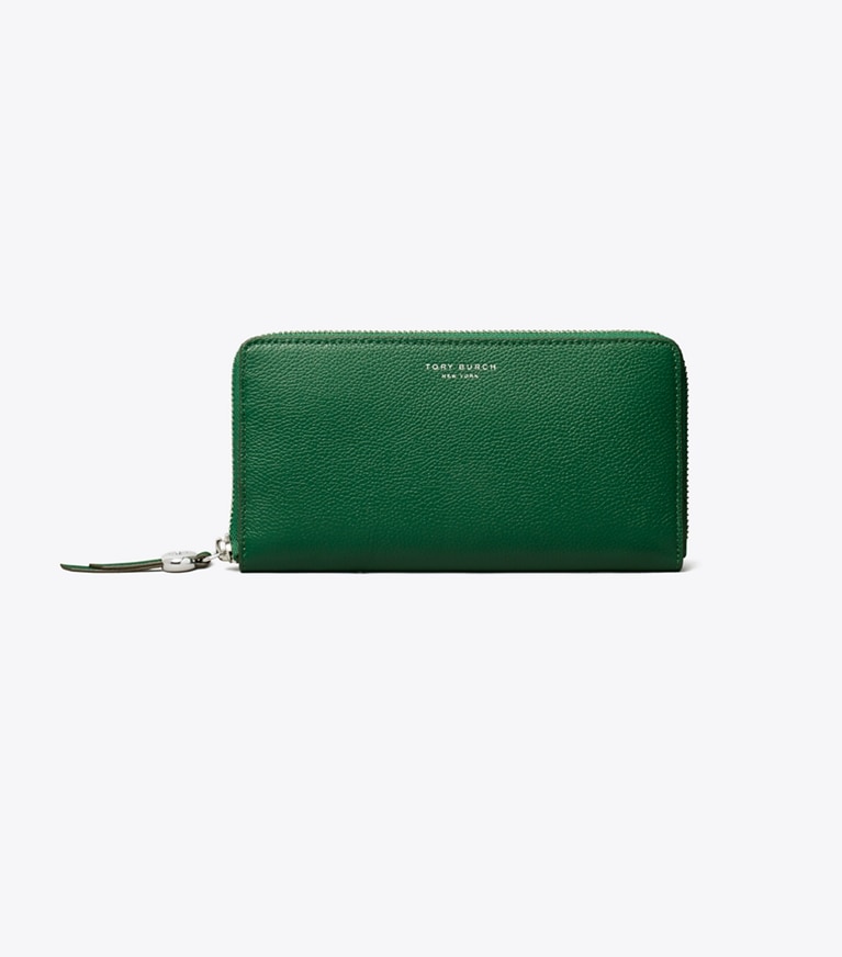 Tory Burch designer wallets Leather Zip Continental Wallet in Dark Kale front