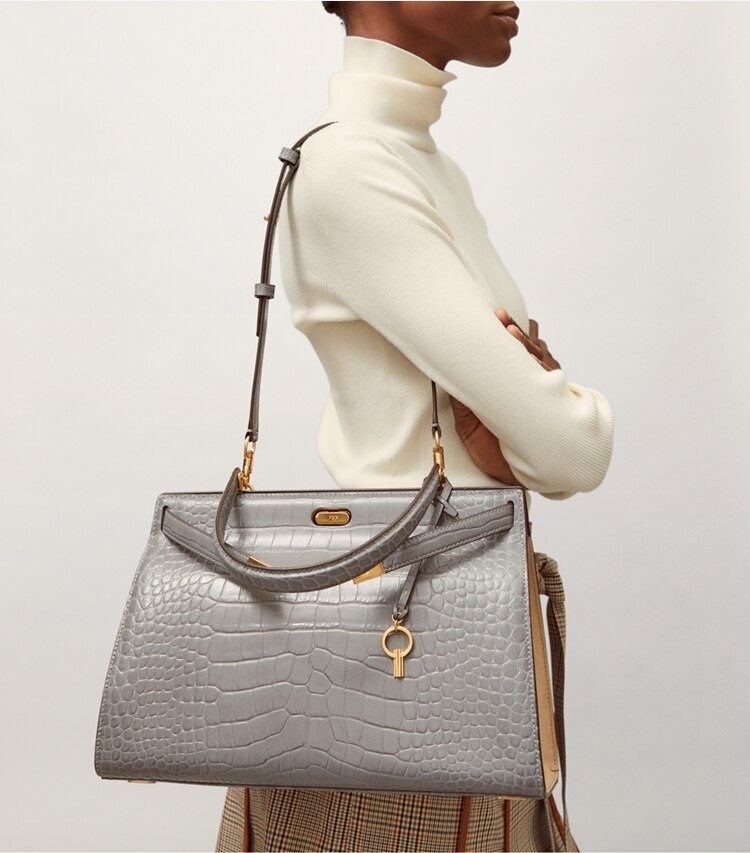 Tory Burch designer satchels Lee Radziwill Bag in Zinc accessory on model