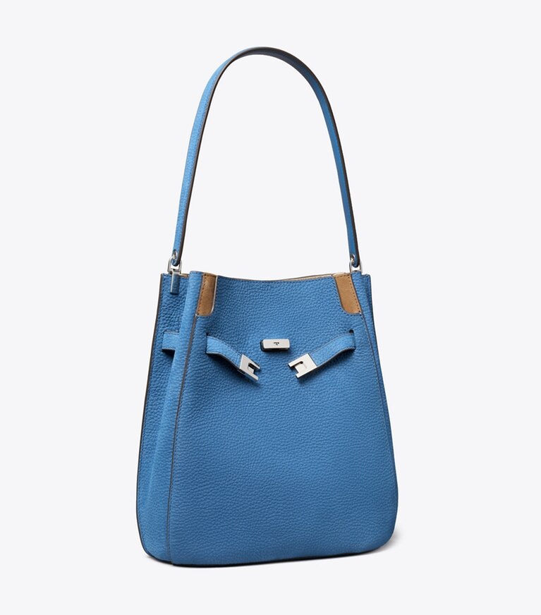 Tory Burch designer schultertaschen Lee Radziwill Bucket Bag aus Nubukleder in Bright Blue angle
