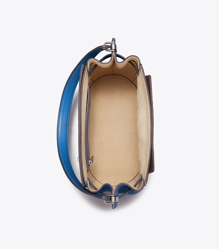 Tory Burch designer schultertaschen Lee Radziwill Bucket Bag aus Nubukleder in Bright Blue von oben