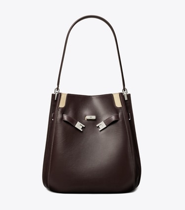 Tory Burch designer shoulder bags Lee Radziwill Bucket Bag in Coco front