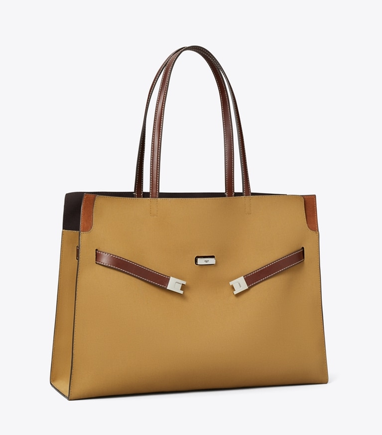 Tory Burch designer satchels Lee Radziwill Canvas Tote in Khaki angle