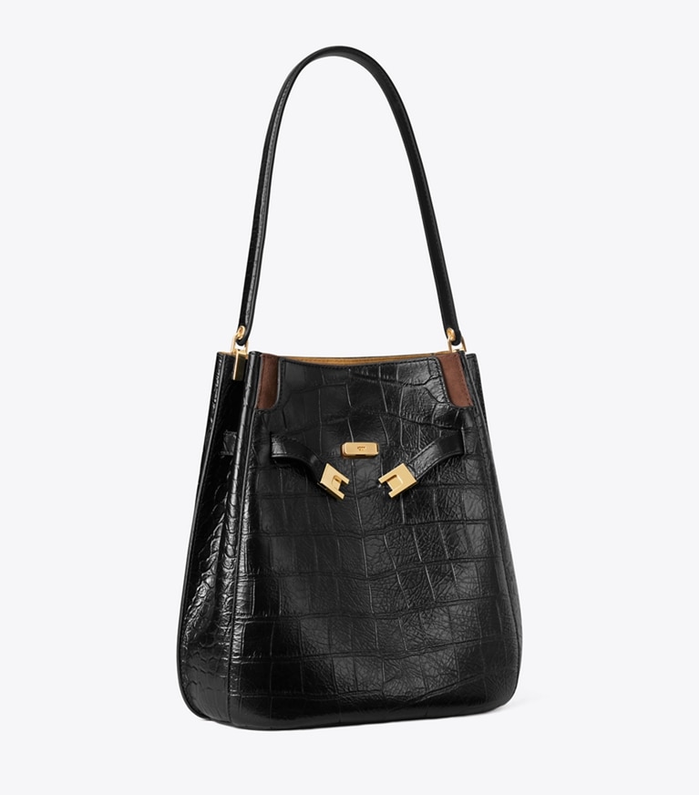Tory Burch designer shoulder bags Lee Radziwill Croc-Embossed Bucket Bag in BLACK angle