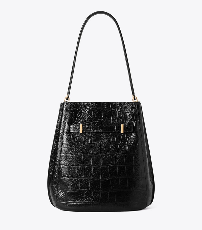 Tory Burch designer shoulder bags Lee Radziwill Croc-Embossed Bucket Bag in BLACK back