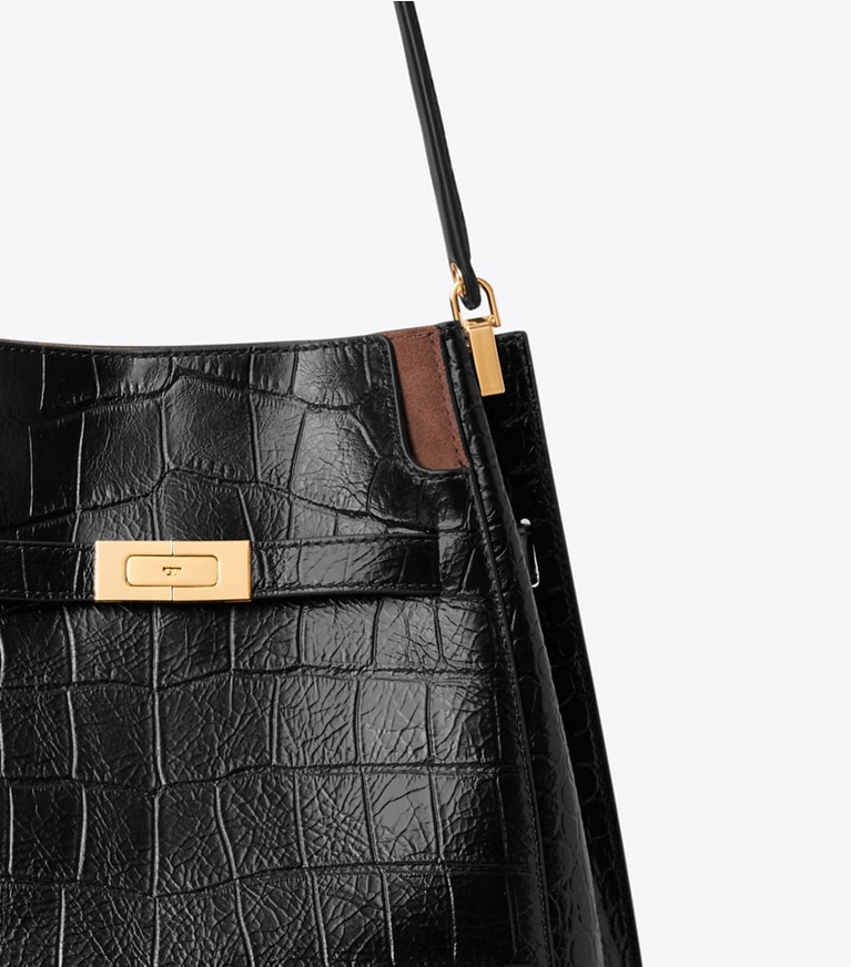 Tory Burch designer shoulder bags Lee Radziwill Croc-Embossed Bucket Bag in BLACK detail