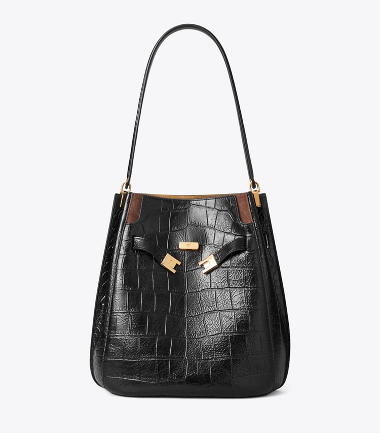Tory Burch designer shoulder bags Lee Radziwill Croc-Embossed Bucket Bag in BLACK front