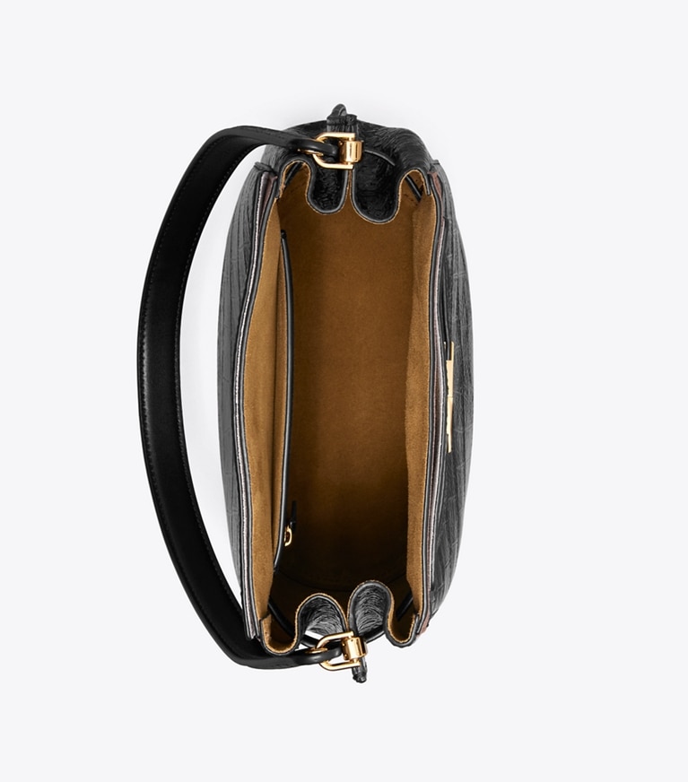 Tory Burch designer shoulder bags Lee Radziwill Croc-Embossed Bucket Bag in BLACK overhead