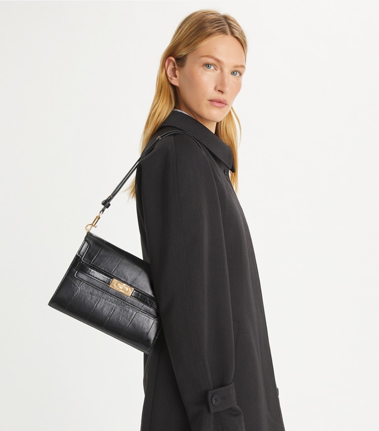 Tory Burch designer shoulder bags Lee Radziwill Croc-Embossed Shoulder Bag in Black accessory on model