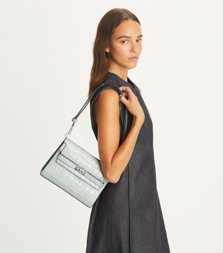 Tory Burch designer shoulder bags Lee Radziwill Croc-Embossed Shoulder Bag in Blue Celadon accessory on model