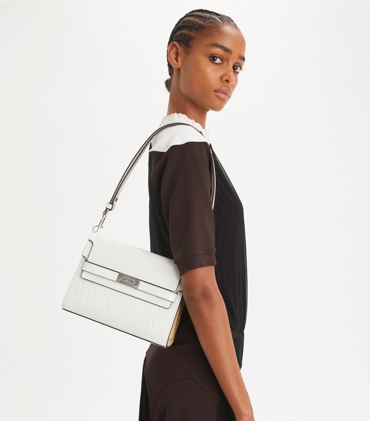 Tory Burch designer shoulder bags Lee Radziwill Croc-Embossed Shoulder Bag in Blanc accessory on model