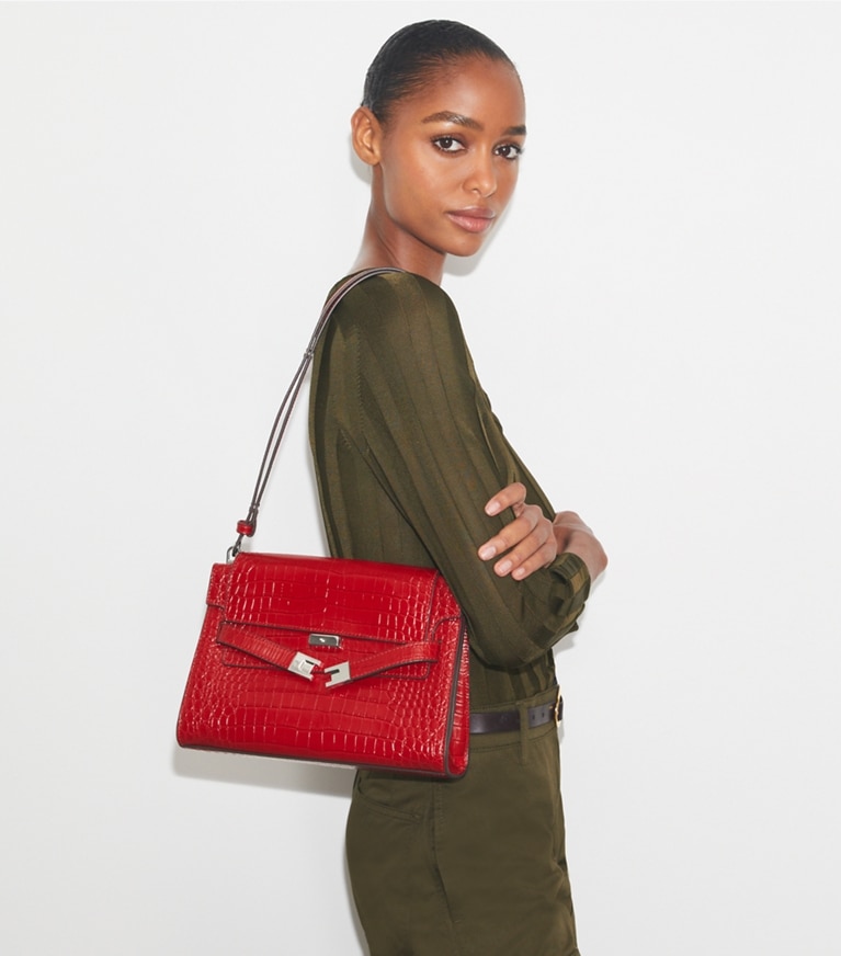 Tory Burch designer shoulder bags Lee Radziwill Croc-Embossed Shoulder Bag in Red Sky angle