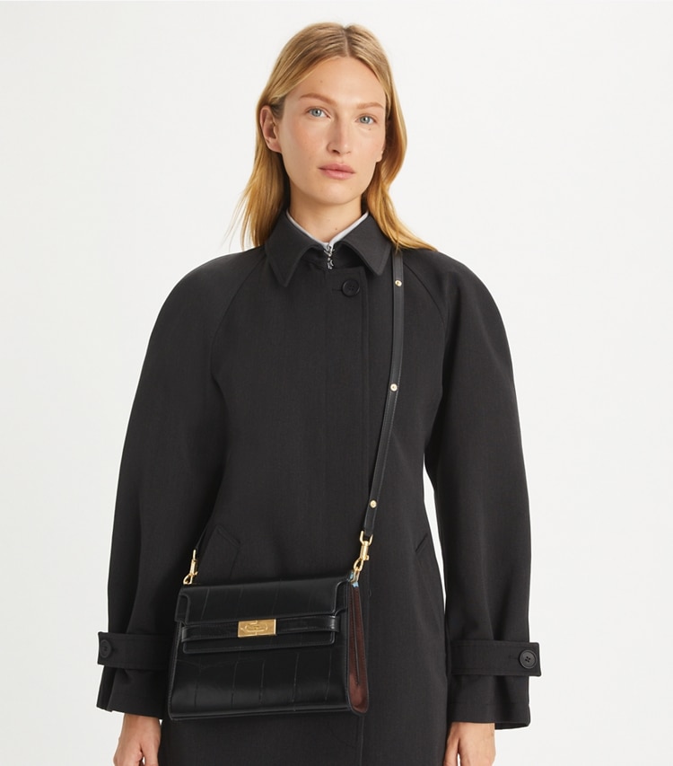 Tory Burch designer shoulder bags Lee Radziwill Croc-Embossed Shoulder Bag in Black additional on model