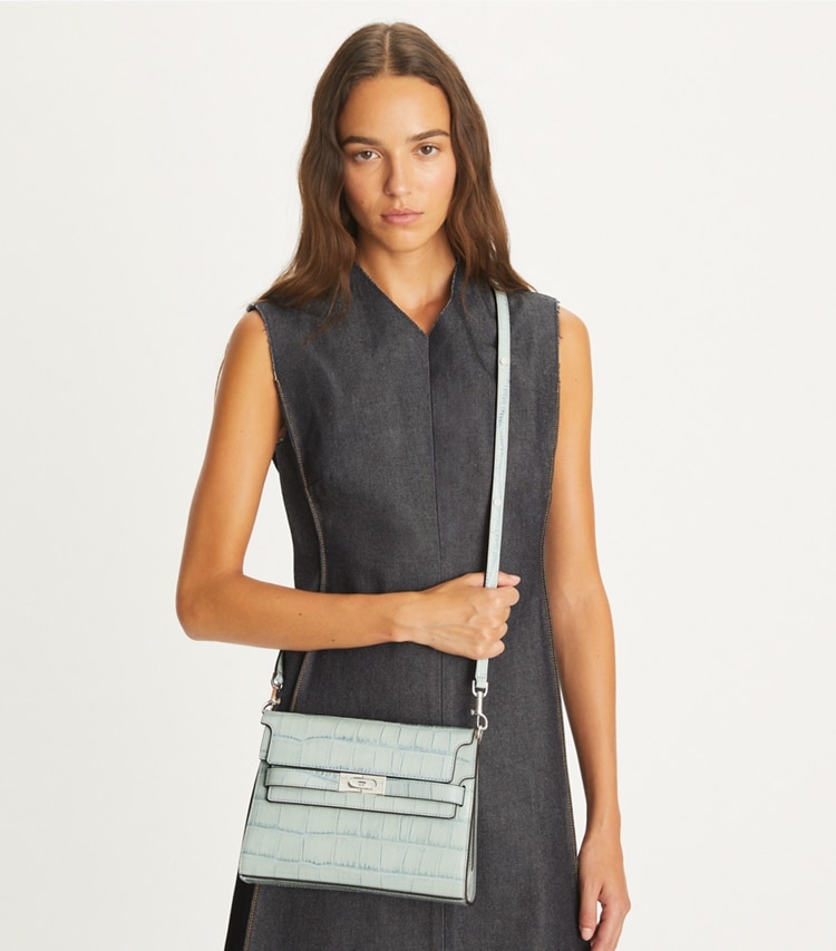 Tory Burch designer shoulder bags Lee Radziwill Croc-Embossed Shoulder Bag in Blue Celadon additional on model