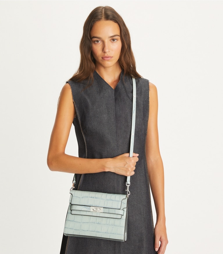 Tory Burch designer shoulder bags Lee Radziwill Croc-Embossed Shoulder Bag in Blue Celadon angle