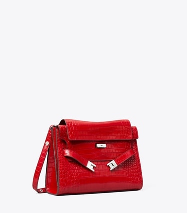 Tory Burch designer shoulder bags Lee Radziwill Croc-Embossed Shoulder Bag in Red Sky angle