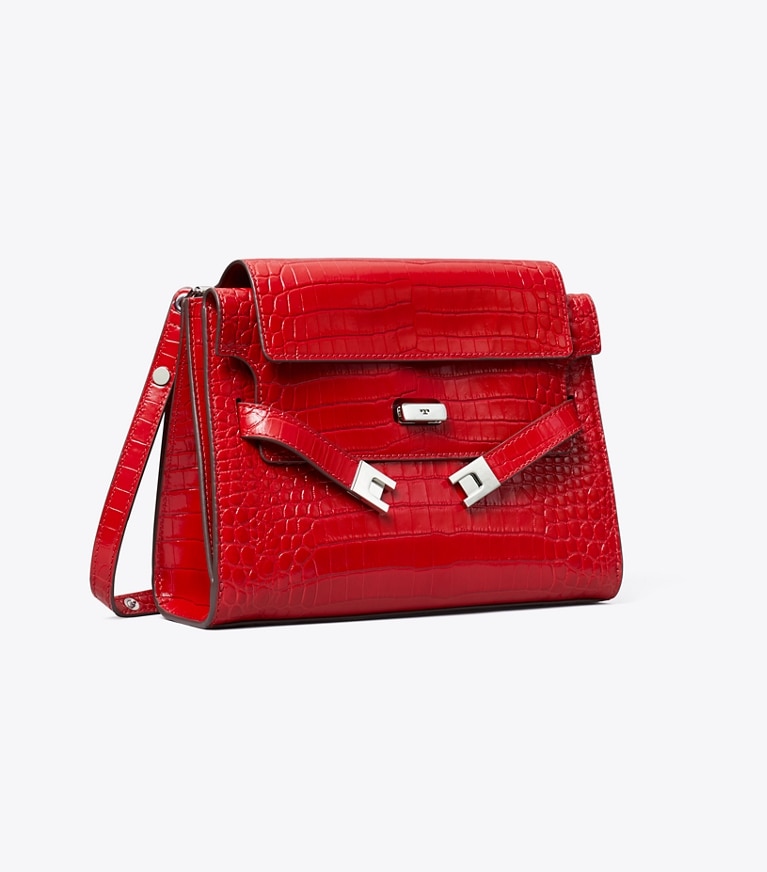 Tory Burch designer shoulder bags Lee Radziwill Croc-Embossed Shoulder Bag in Red Sky angle
