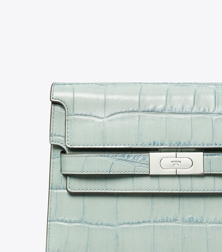 Tory Burch designer shoulder bags Lee Radziwill Croc-Embossed Shoulder Bag in Blue Celadon angle