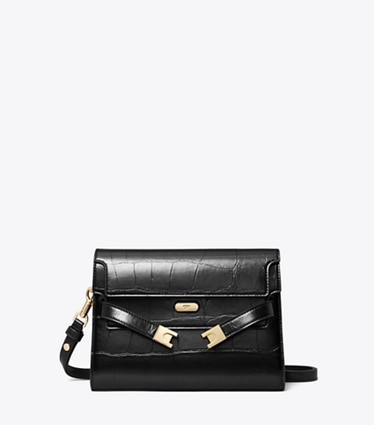 Tory Burch designer shoulder bags Lee Radziwill Croc-Embossed Shoulder Bag in Black front