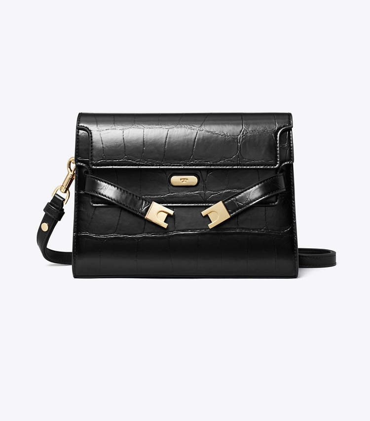 Tory Burch designer shoulder bags Lee Radziwill Croc-Embossed Shoulder Bag in Black front