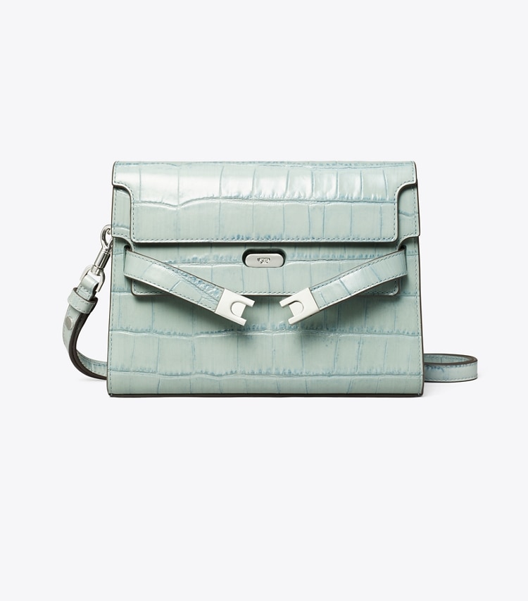 Tory Burch designer shoulder bags Lee Radziwill Croc-Embossed Shoulder Bag in Blue Celadon front