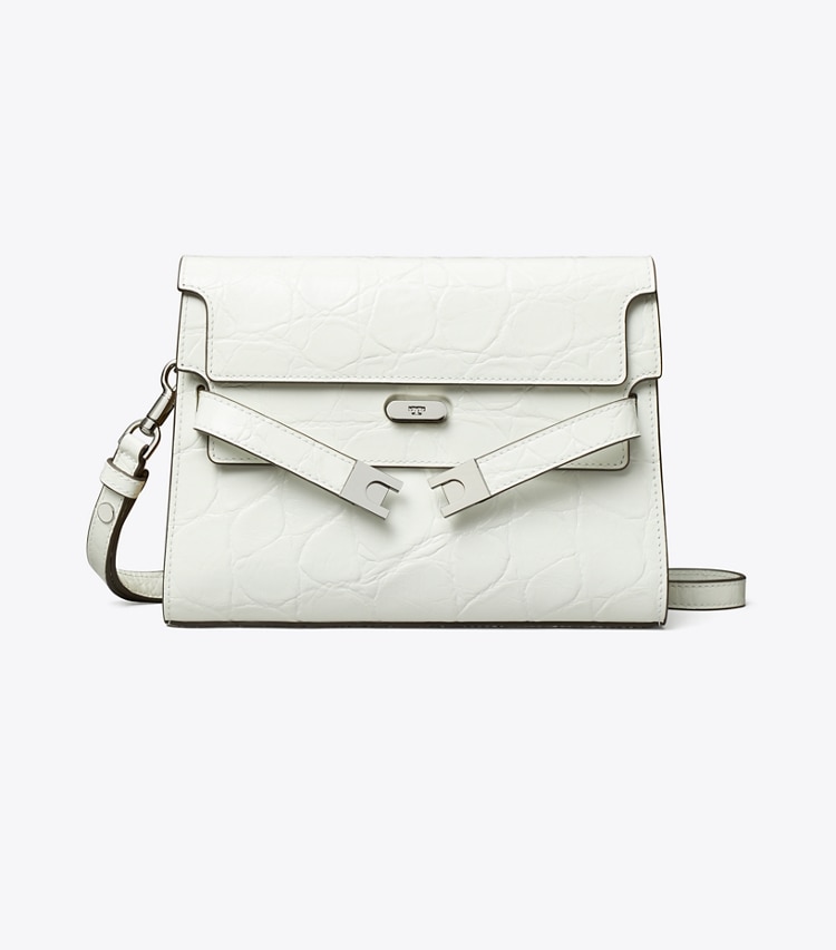 Tory Burch designer shoulder bags Lee Radziwill Croc-Embossed Shoulder Bag in Blanc front