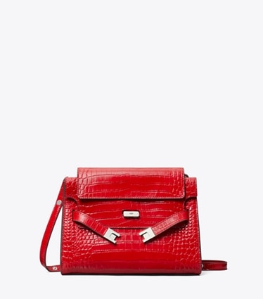 Tory Burch designer shoulder bags Lee Radziwill Croc-Embossed Shoulder Bag in Red Sky front