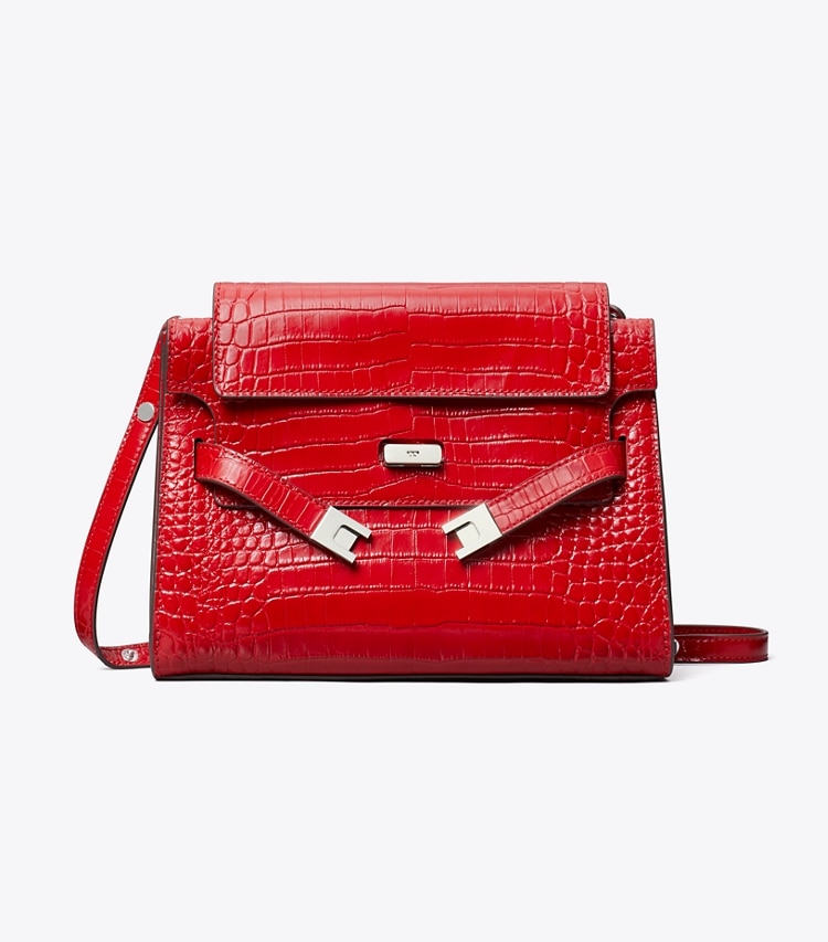 Tory Burch designer shoulder bags Lee Radziwill Croc-Embossed Shoulder Bag in Red Sky front