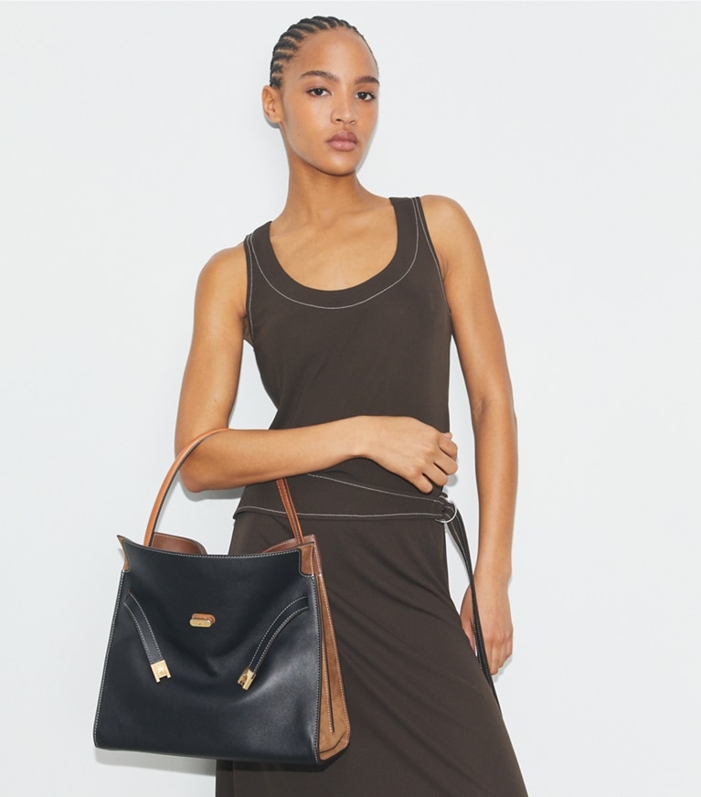 Tory Burch designer satchels Lee Radziwill Double Bag in Black angle