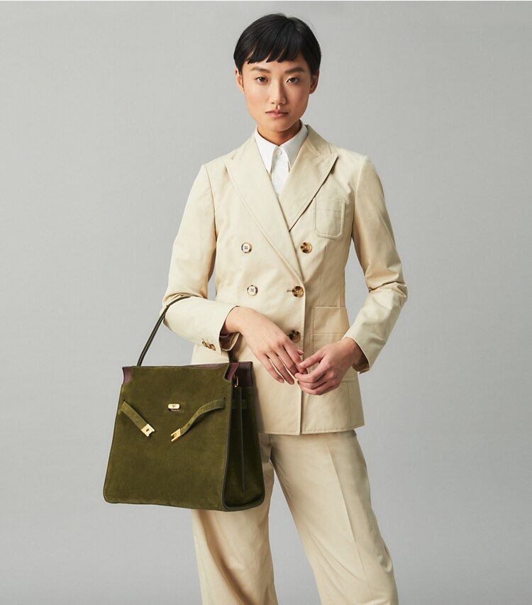 Tory Burch designer satchels Lee Radziwill Double Bag in Leccio accessory on model