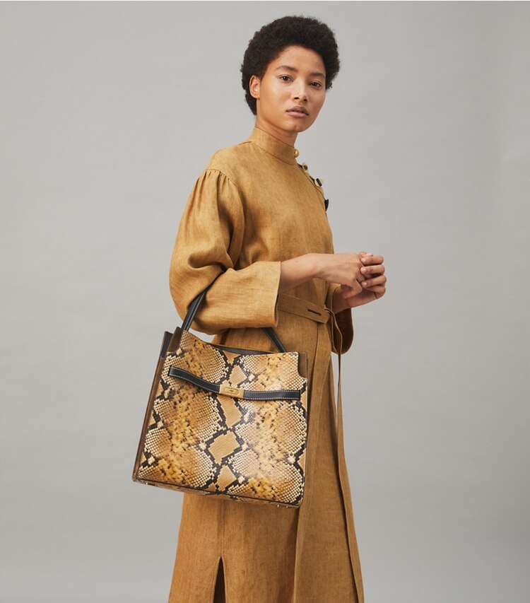Tory Burch designer satchels Lee Radziwill Double Bag in Sand Drift accessory on model