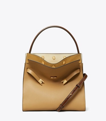 Tory Burch designer satchels Lee Radziwill Double Bag in Ginger Shortbread front