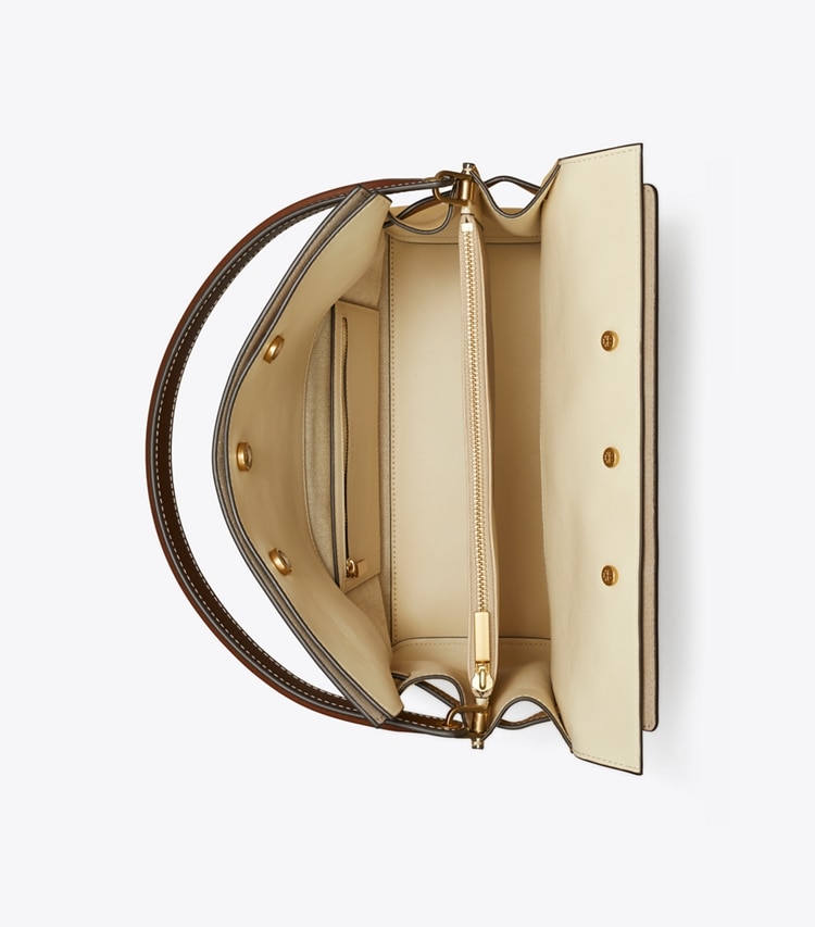Tory Burch designer satchels Lee Radziwill Double Bag in Ginger Shortbread overhead