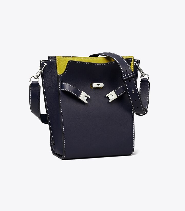 Yellow and Navy Blue Two Tone Leather and Suede Cross Body Bag