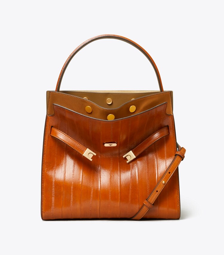 Tory Burch designer satchels Lee Radziwill Eel Double Bag in Warm Rust front