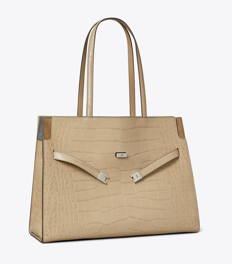 Tory Burch designer tote bags Lee Radziwill Embossed Tote in Light Hickory angle