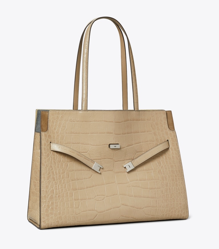 Tory Burch designer tote bags Lee Radziwill Embossed Tote in Light Hickory angle