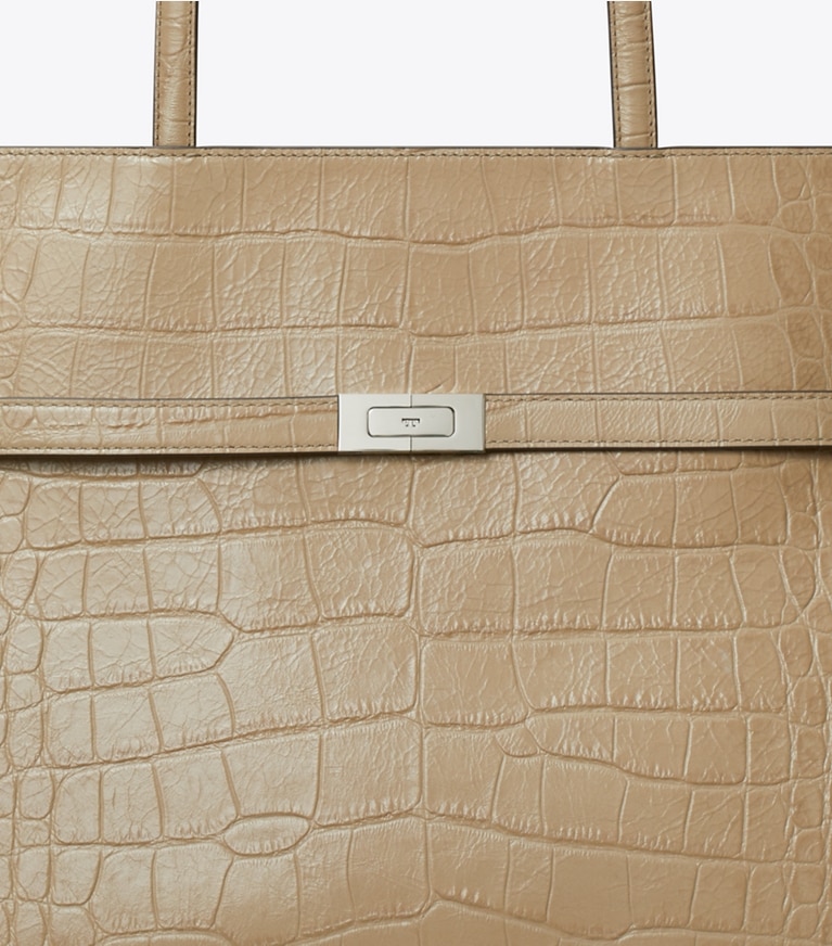 Tory Burch designer tote bags Lee Radziwill Embossed Tote in Light Hickory detail