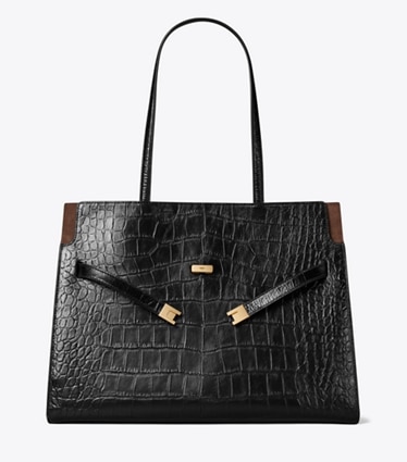 Tory Burch designer tote bags Lee Radziwill Embossed Tote in Black front