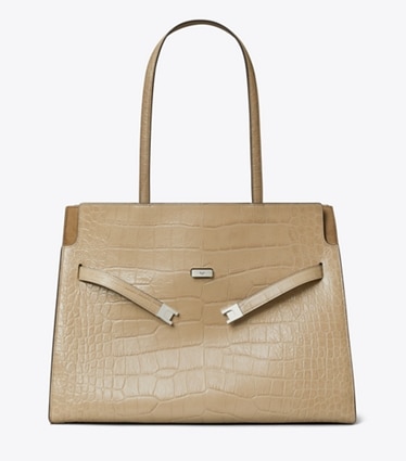 Tory Burch designer tote bags Lee Radziwill Embossed Tote in Light Hickory front