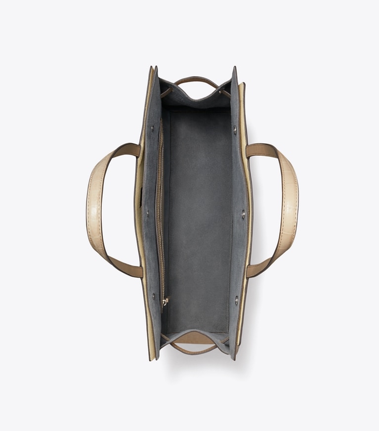 Tory Burch designer tote bags Lee Radziwill Embossed Tote in Light Hickory overhead