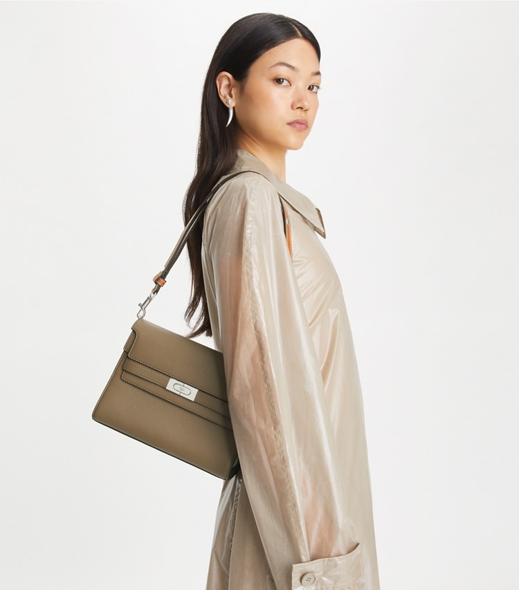 Tory Burch designer shoulder bags Lee Radziwill Pebbled Shoulder Bag in Wild Mushroom accessory on model