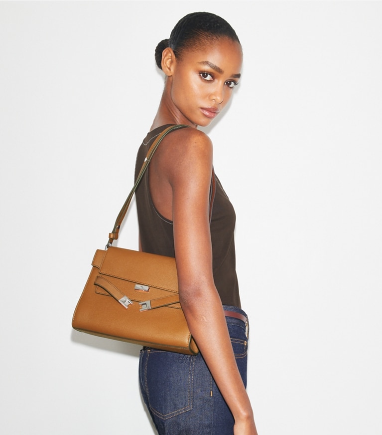 Tory Burch designer shoulder bags Lee Radziwill Pebbled Shoulder Bag in BOURBON angle