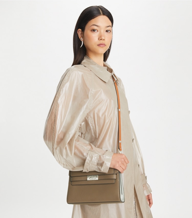 Tory Burch designer shoulder bags Lee Radziwill Pebbled Shoulder Bag in Wild Mushroom additional on model