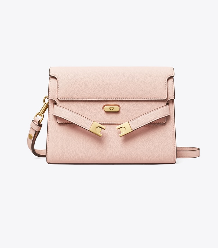 Tory Burch designer shoulder bags Lee Radziwill Pebbled Shoulder Bag in Pink Sand front