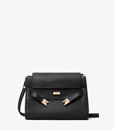 Tory Burch designer shoulder bags Lee Radziwill Pebbled Shoulder Bag in Black front