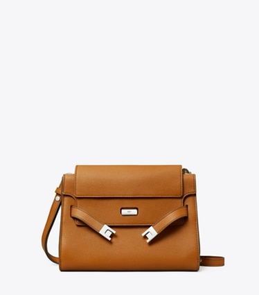 Tory Burch designer shoulder bags Lee Radziwill Pebbled Shoulder Bag in BOURBON front